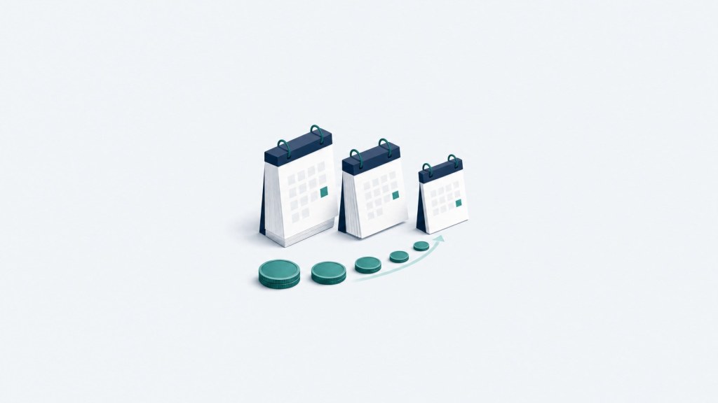 Illustration of three calendars of decreasing size with a trail of coins in front of them.