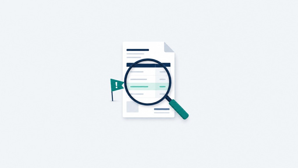 Illustration of an invoice under a magnifying glass, with a small warning flag beside it.
