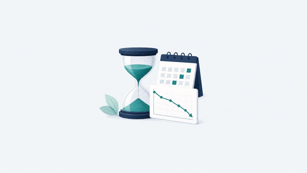 Illustration of an hourglass beside a calendar and a downward-trending line chart.