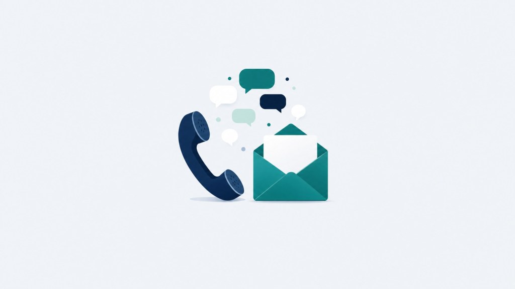 Illustration of a phone handset and an open envelope with speech bubbles between them.