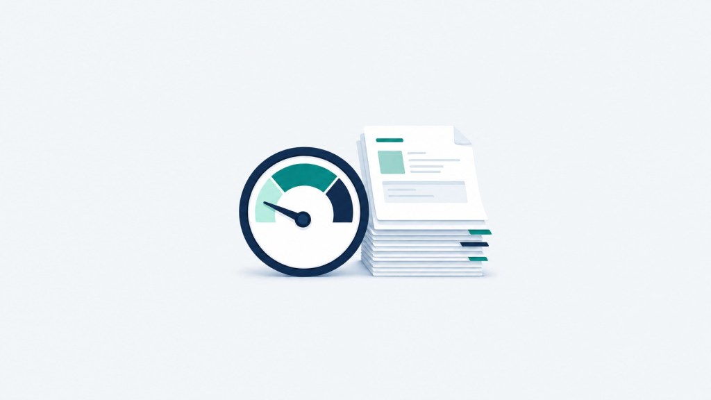 Illustration of a gauge with its needle in the safe zone beside a stack of invoices.