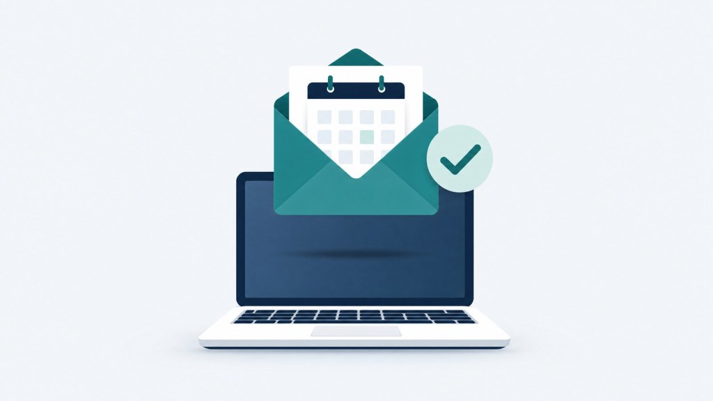 Illustration of an envelope holding a calendar, with a check mark, rising from an open laptop.