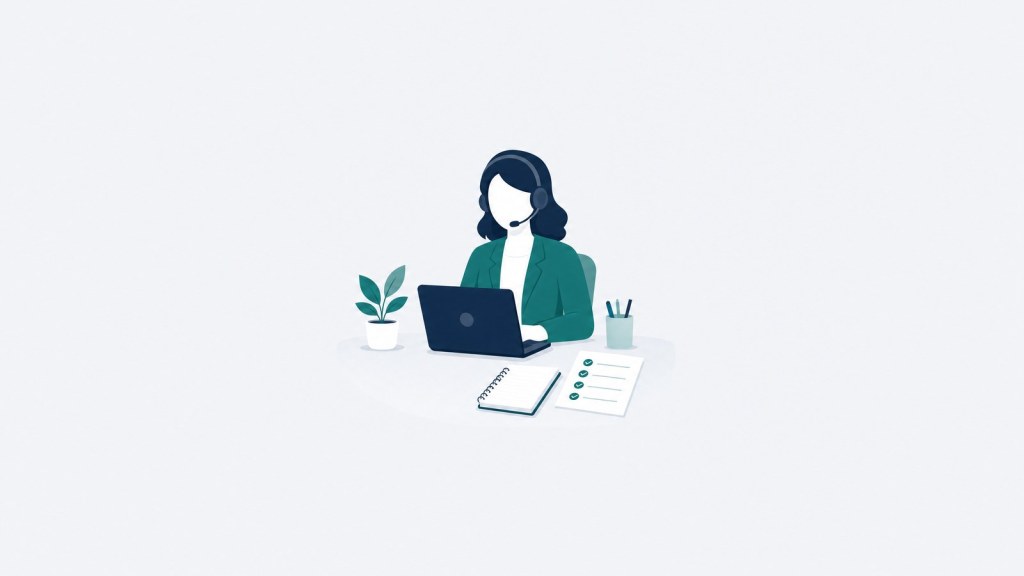 Illustration of a credit controller wearing a headset at a laptop, with a notepad and checklist on the desk.
