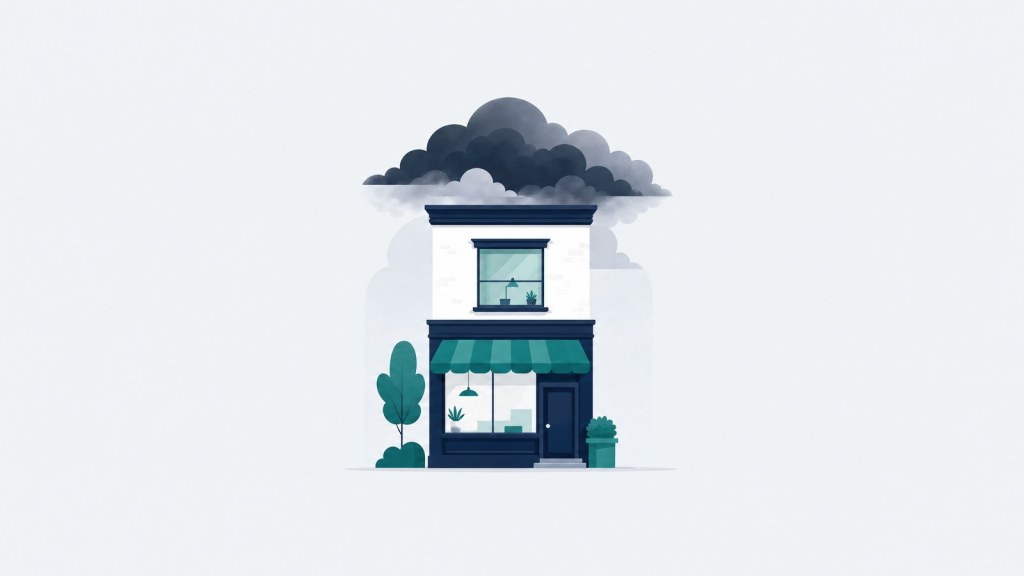 Illustration of a small business storefront with dark storm clouds gathering overhead.